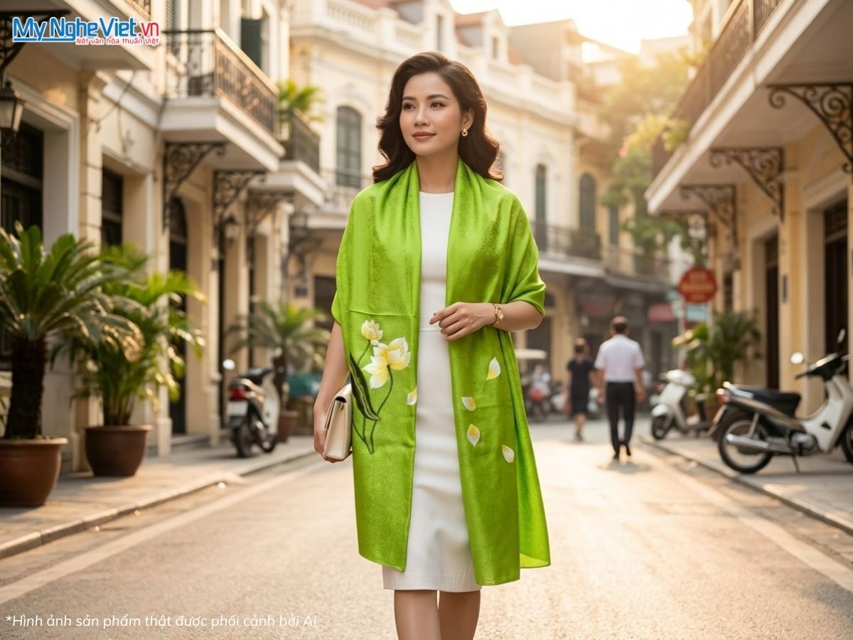 Khăn Lụa Tơ Tằm Thêu Hoa Màu Xanh Lá 57x180cm MNV-KLTA45190-14