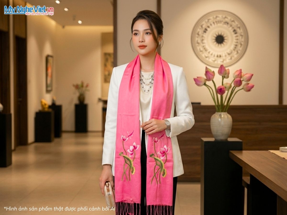 Khăn Lụa Tơ Tằm Thêu Hoa Sen 40x180cm MNV-KLTA4080/17