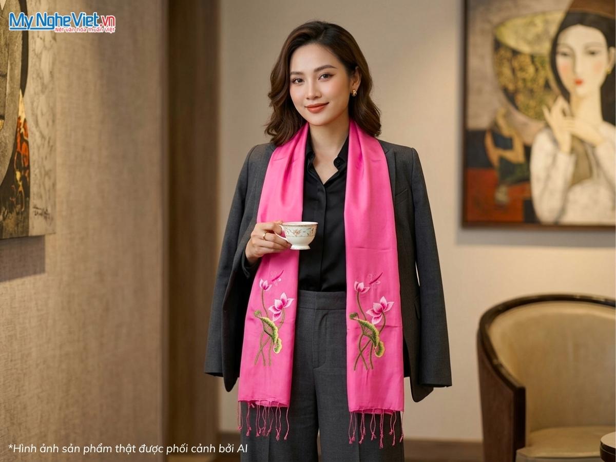 Khăn Lụa Tơ Tằm Thêu Hoa Sen 40x180cm MNV-KLTA4080/17