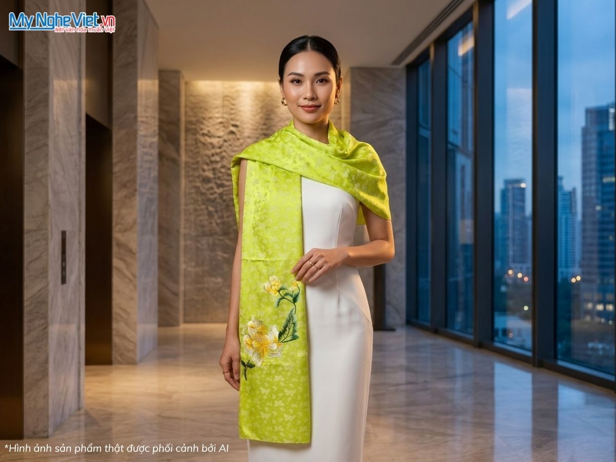 Khăn Lụa Tơ Tằm Thêu Hoa Màu Xanh Cốm 57x180cm MNV-KLTA45190-17
