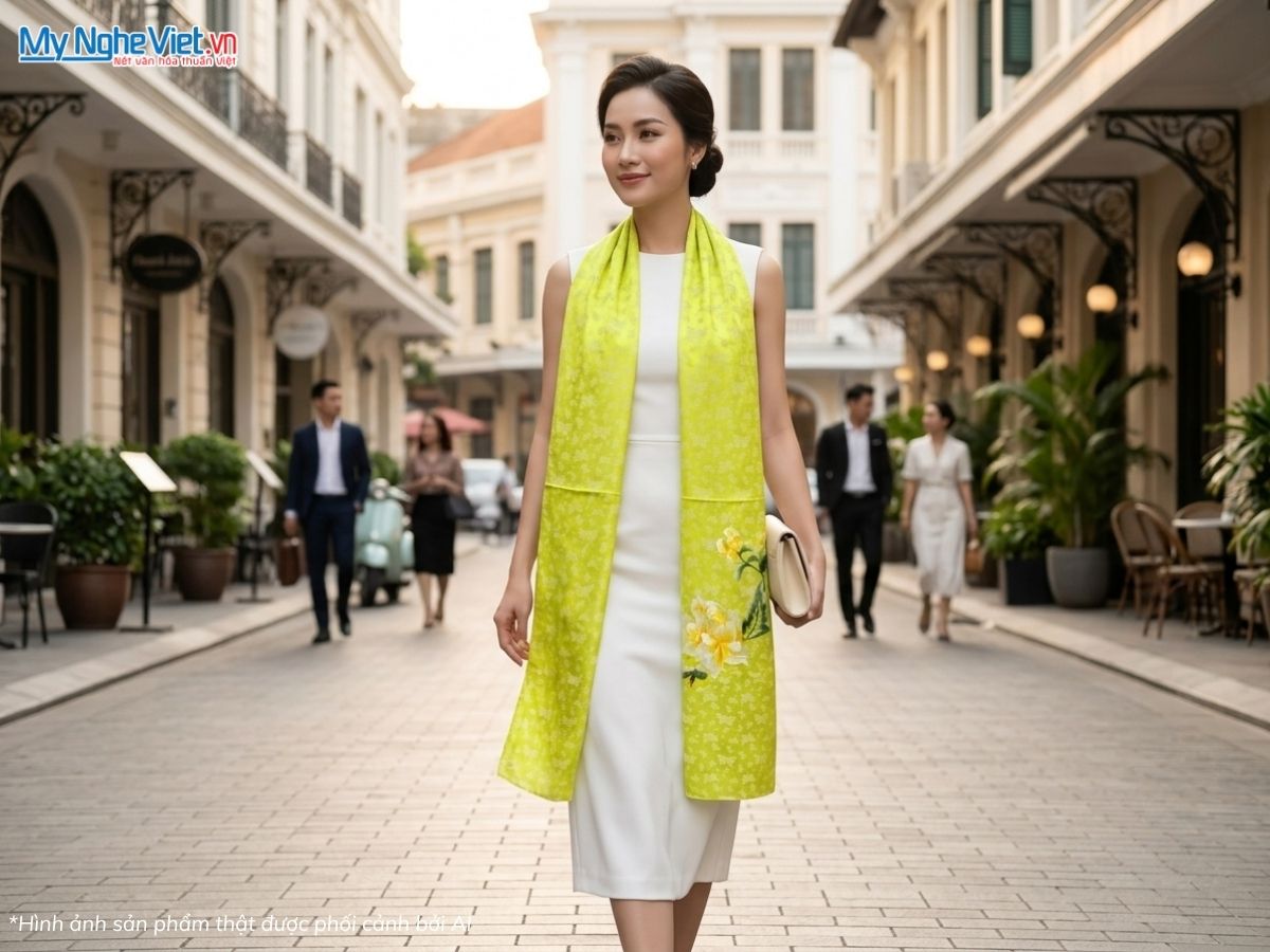 Khăn Lụa Tơ Tằm Thêu Hoa Màu Xanh Cốm 57x180cm MNV-KLTA45190-17