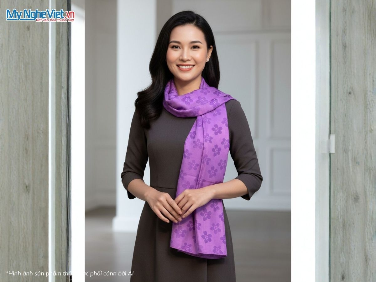 Khăn Lụa Vân Cổ Họa Tiết Hoa Màu Tím 80x180cm MNV-KLNL80180