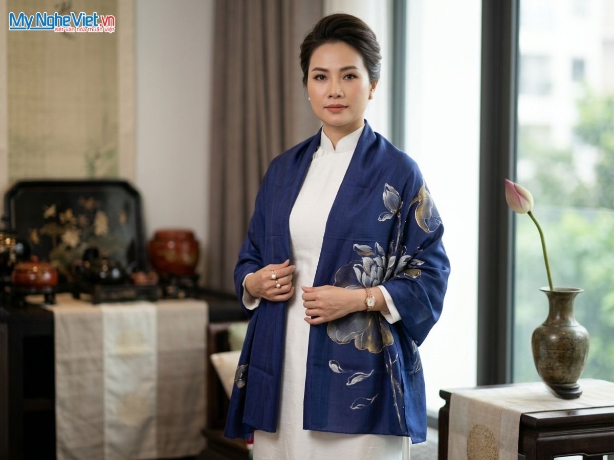 Khăn Lụa Tơ Tằm Vẽ Tay Hoa Sen 83x180cm MNV-PT70180/1