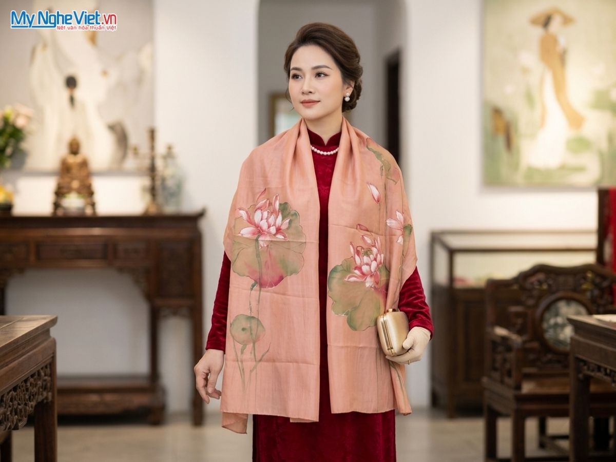 Khăn lụa tơ tằm màu hồng san hô vẽ tay hoa sen 70x180cm MNV-PT70180/16