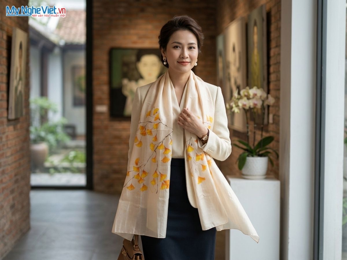 Khăn lụa tơ tằm màu kem vẽ tay lá 70x180cm MNV-PT70180/14