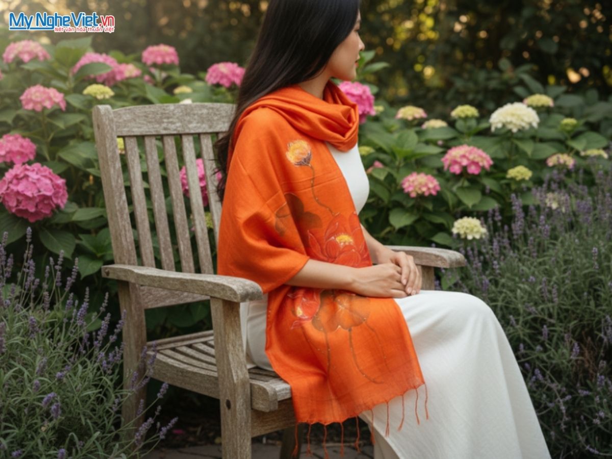 Khăn Lụa Tơ Tằm Vẽ Tay Hoa Sen 79x212cm KLNC79212/2