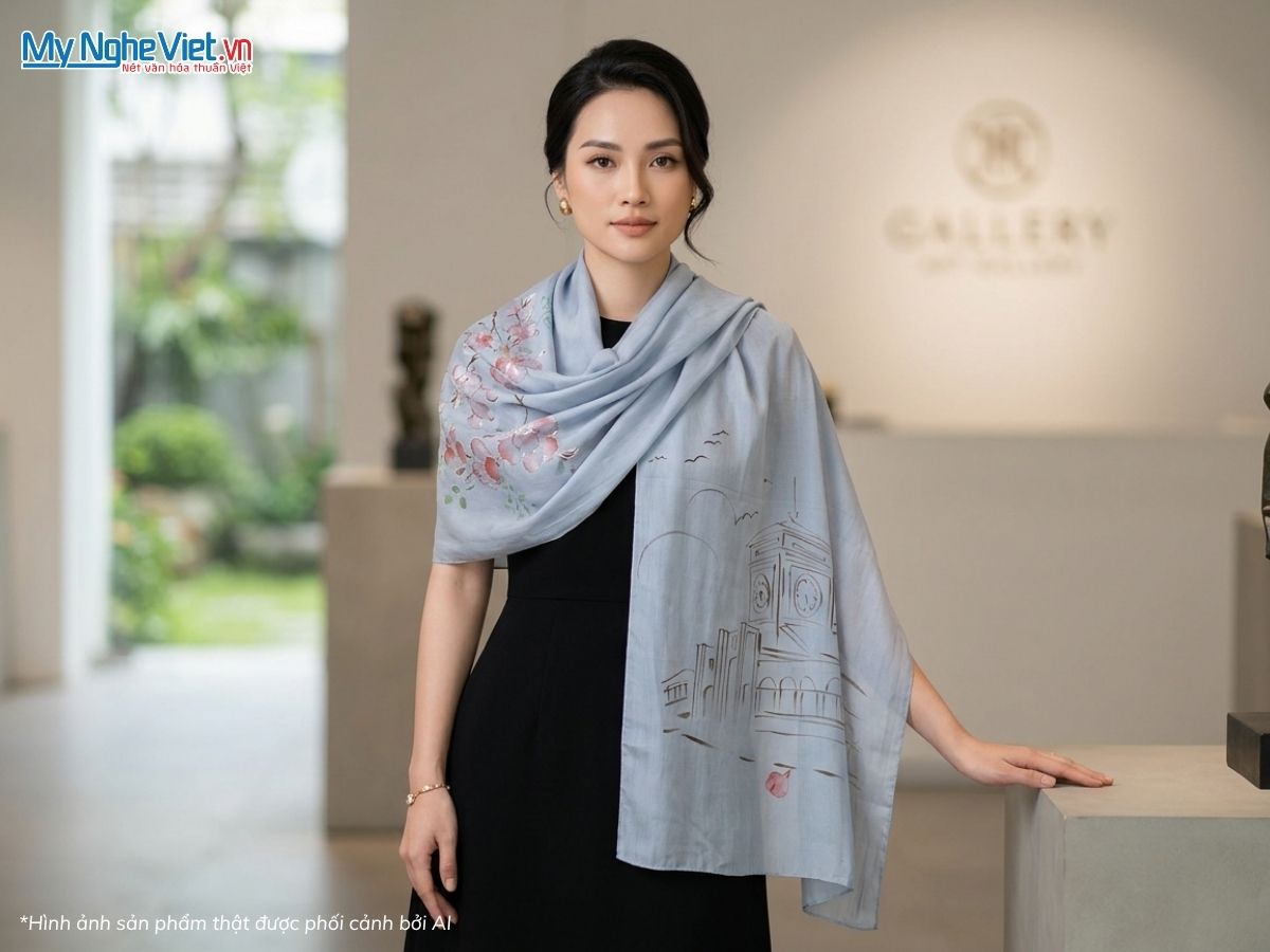 Khăn Lụa Tơ Tằm Vẽ Tay Chợ Bến Thành Màu Xanh 85x175cm PT70180T3-5