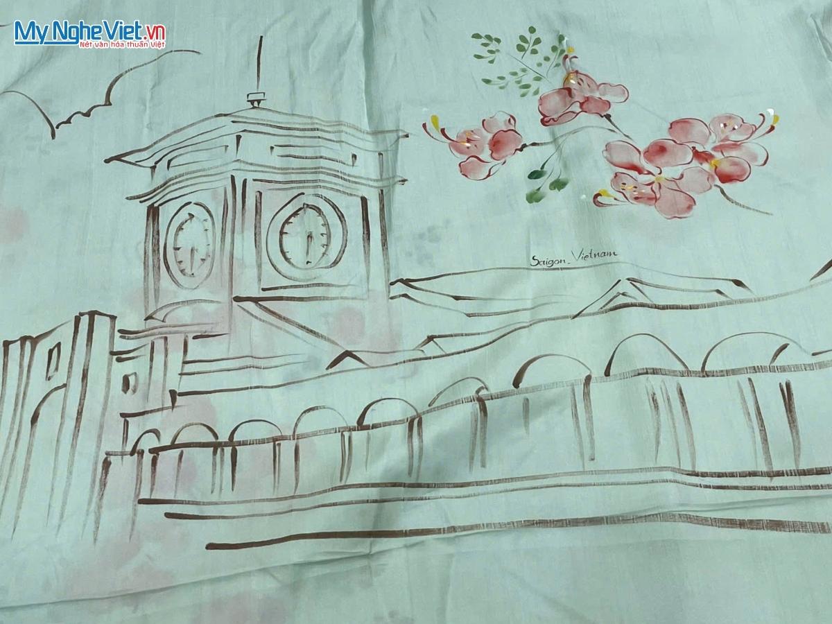 Khăn Lụa Tơ Tằm Vẽ Tay Chợ Bến Thành Màu Xanh Lá 85x175cm PT70180T3-1