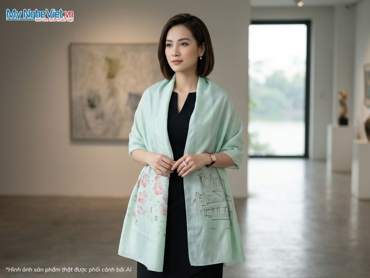 Khăn Lụa Tơ Tằm Vẽ Tay Chợ Bến Thành Màu Xanh Lá 85x175cm PT70180T3-1