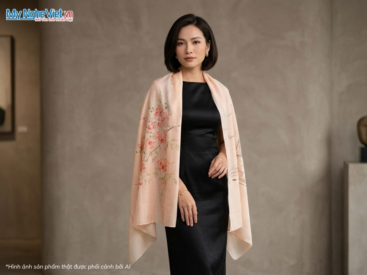 Khăn Lụa Tơ Tằm Vẽ Tay Chợ Bến Thành Màu Cam 85x175cm MNV-PT70180/10.6