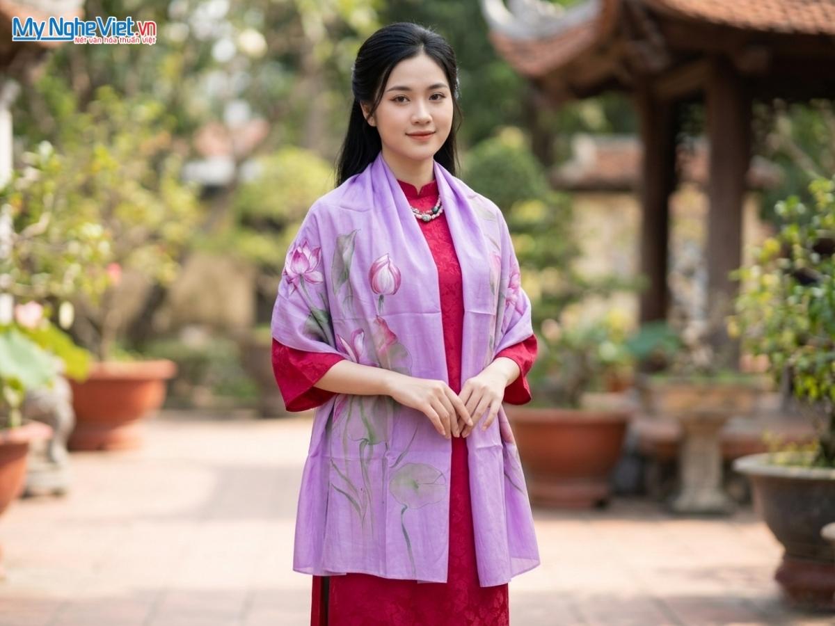 Khăn Lụa Tơ Tằm Vẽ Tay Hoa Sen 70x180cm PT70180T3-4