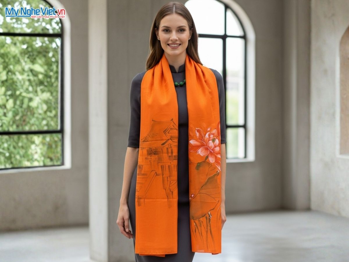 Khăn Lụa Tơ Tằm Vẽ Tay Hoa Sen 70x180cm MNV-PT70180/15
