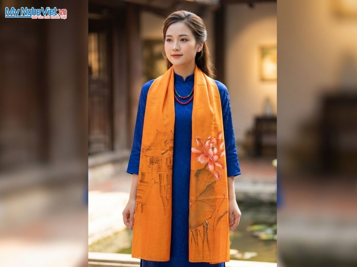 Khăn Lụa Tơ Tằm Vẽ Tay Hoa Sen 70x180cm MNV-PT70180/15