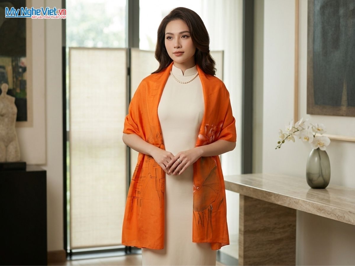 Khăn Lụa Tơ Tằm Vẽ Tay Hoa Sen 70x180cm MNV-PT70180/15