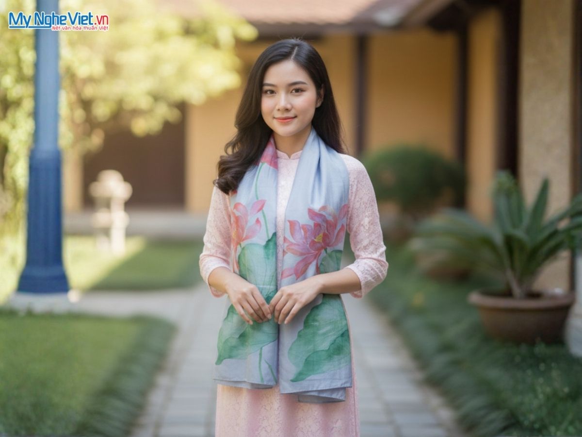 Khăn Lụa Tơ Tằm Vẽ Tay Hoa Sen 75x180cm LNL75180/6