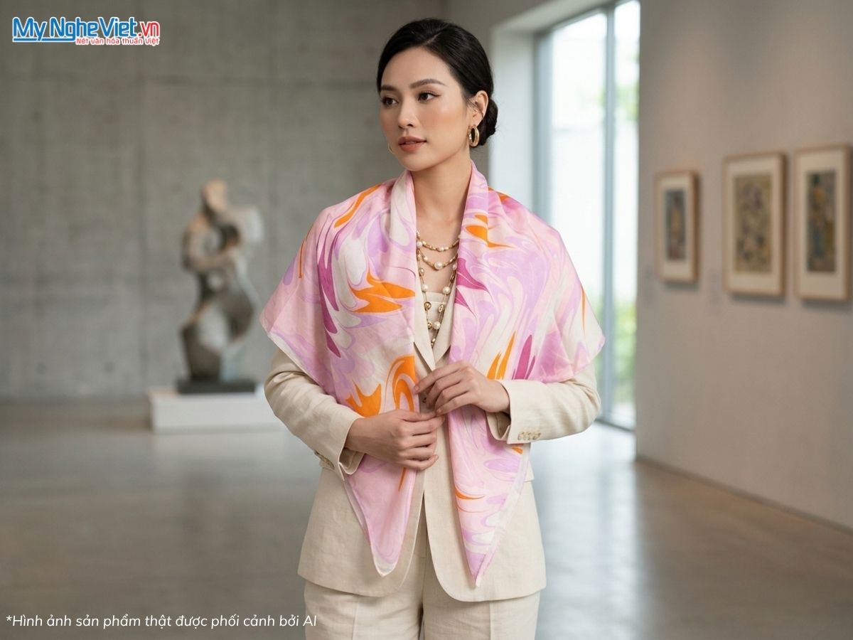 Khăn Lụa Vuông Tơ Tằm Vẽ Thủy Ấn 87x87cm MNV-KLNC8787/4