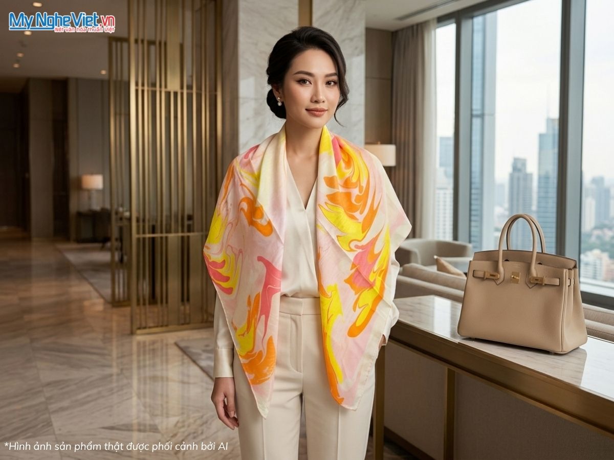 Khăn Lụa Vuông Tơ Tằm Vẽ Thủy Ấn 87x87cm MNV-KLNC8787/5