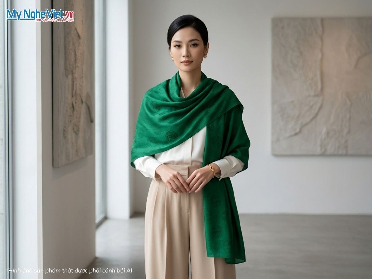 Khăn Lụa Vân Cổ Họa Tiết Triện Thọ Màu Xanh Lá 80x180cm KLNL89-12