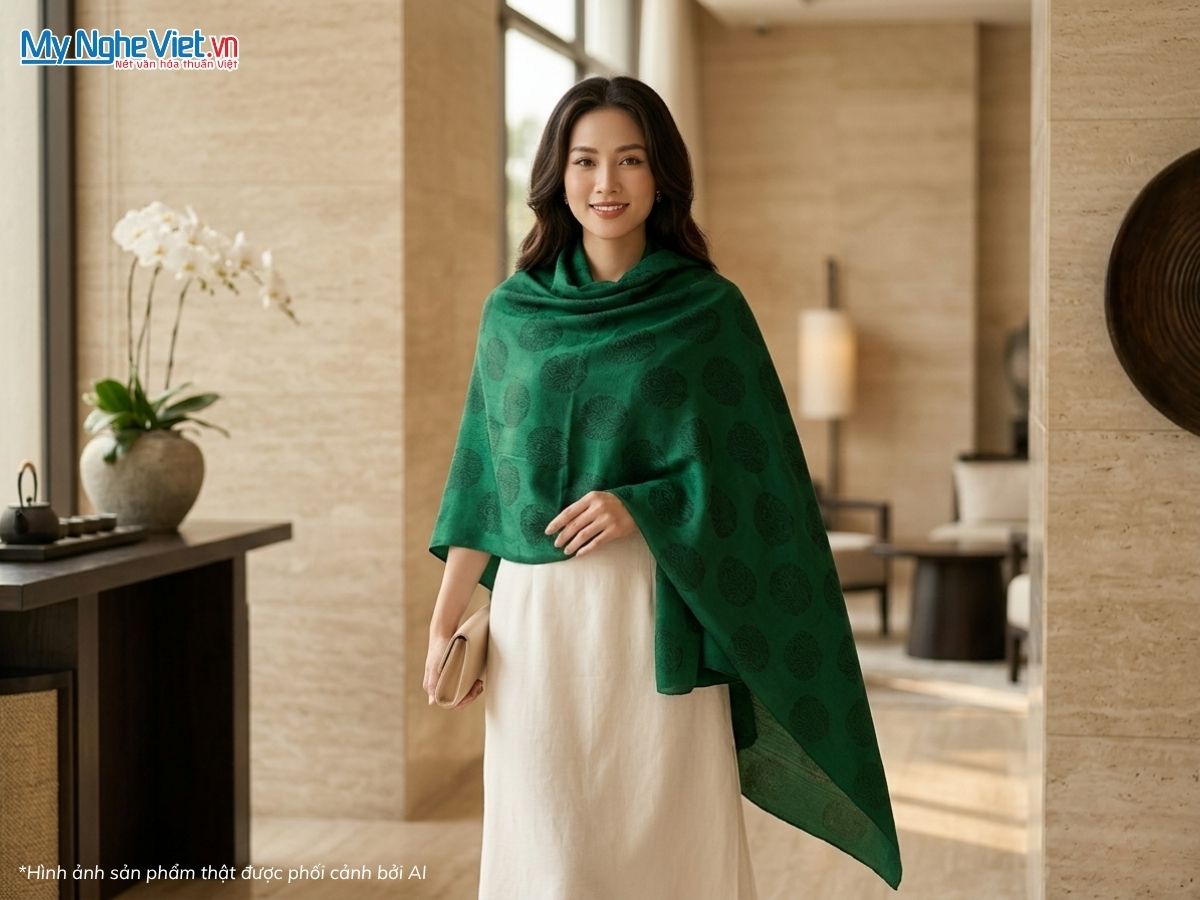 Khăn Lụa Vân Cổ Họa Tiết Triện Thọ Màu Xanh Lá 80x180cm KLNL89-12