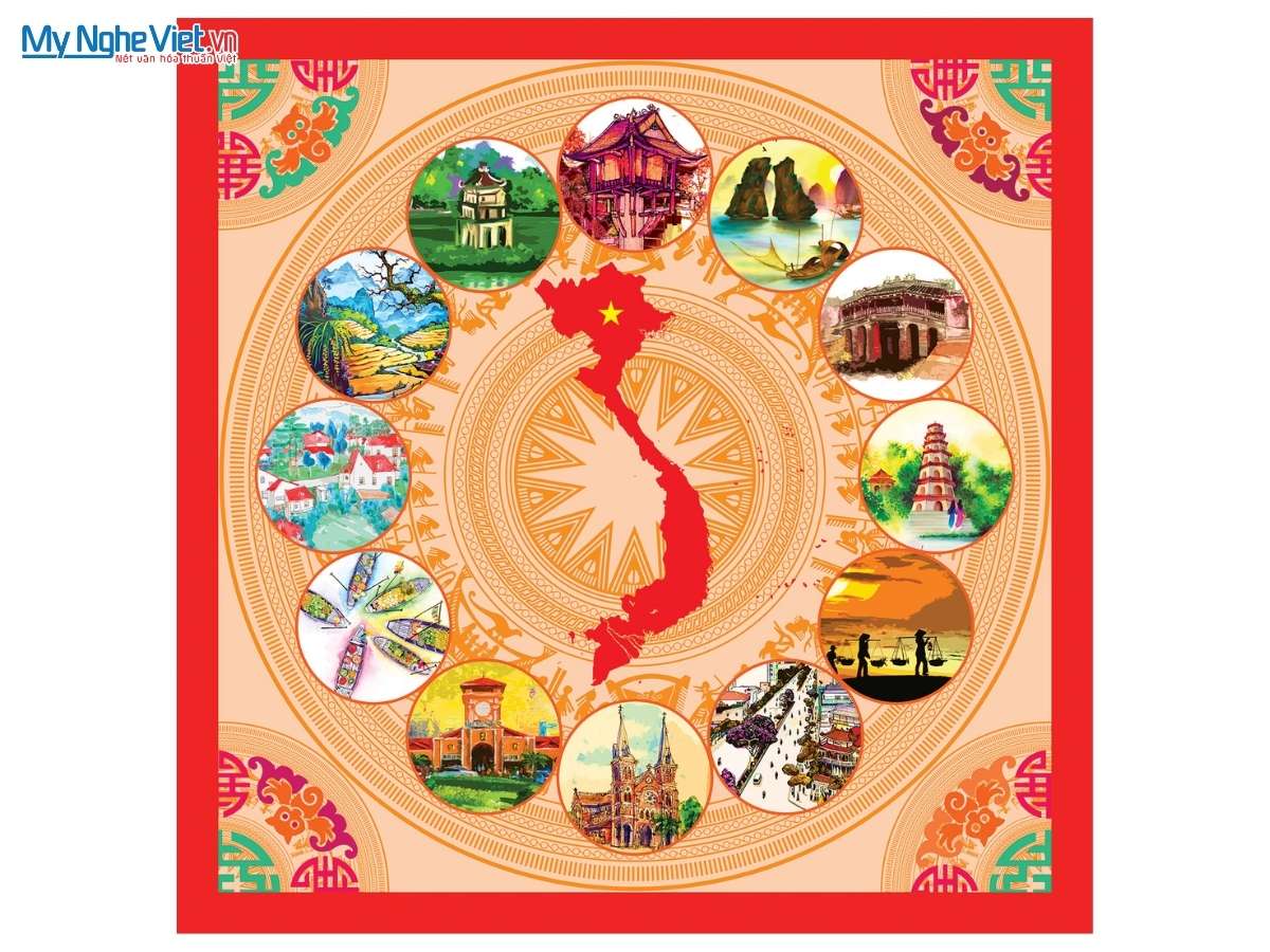 Khăn Lụa Vuông Tơ Tằm Họa Tiết Bản Đồ Việt Nam 60x60cm KLPM66