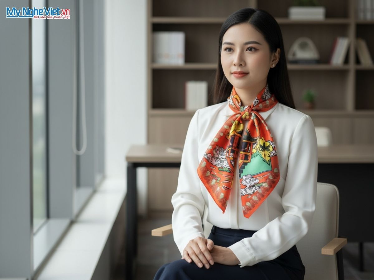 Khăn Lụa Vuông Tơ Tằm Họa Tiết Chùa Một Cột 60x60cm KLPM66