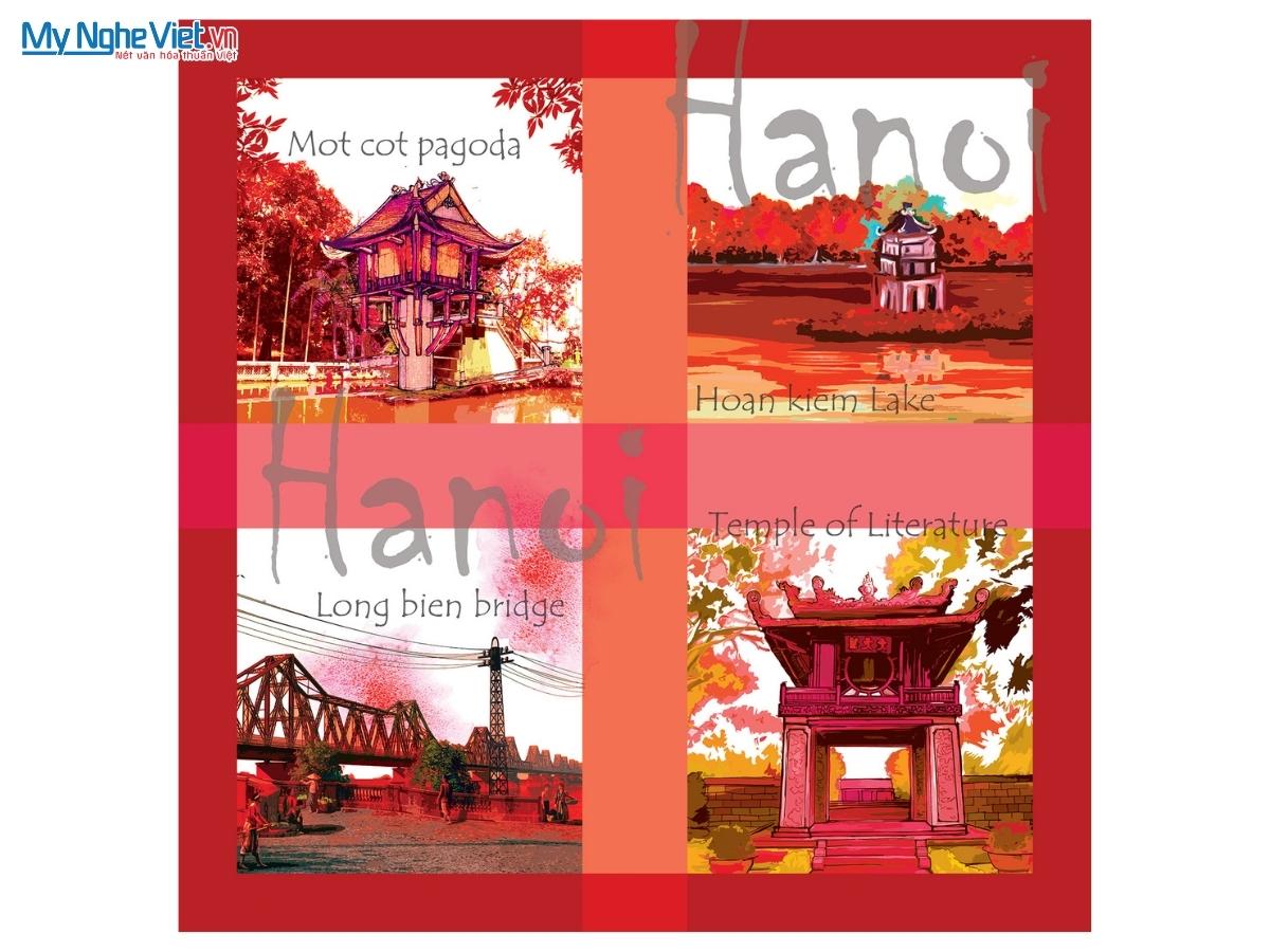 Khăn Lụa Vuông Tơ Tằm Họa Tiết Phong Cảnh Hà Nội 82x82cm KLPM88-4