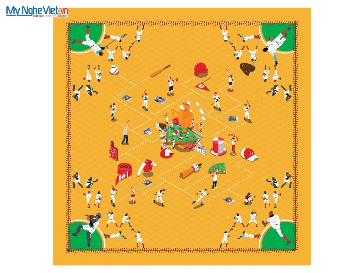 Khăn Lụa Vuông Tơ Tằm Họa Tiết Trận Đấu Bóng Chày 82x82cm KLPM88-7