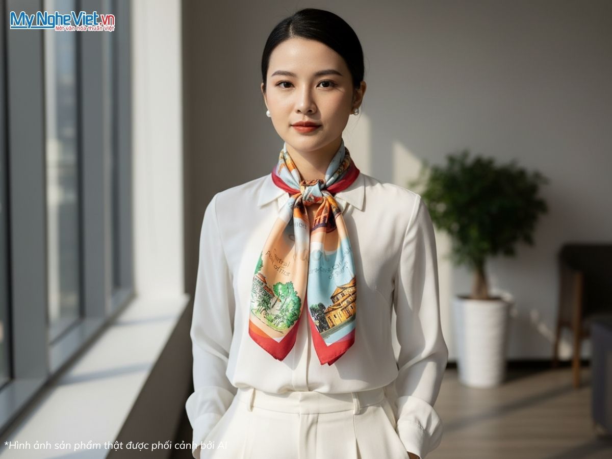 Khăn Lụa Vuông Tơ Tằm Họa Tiết Sài Gòn - Hồ Chí Minh 60x60cm KLPM66