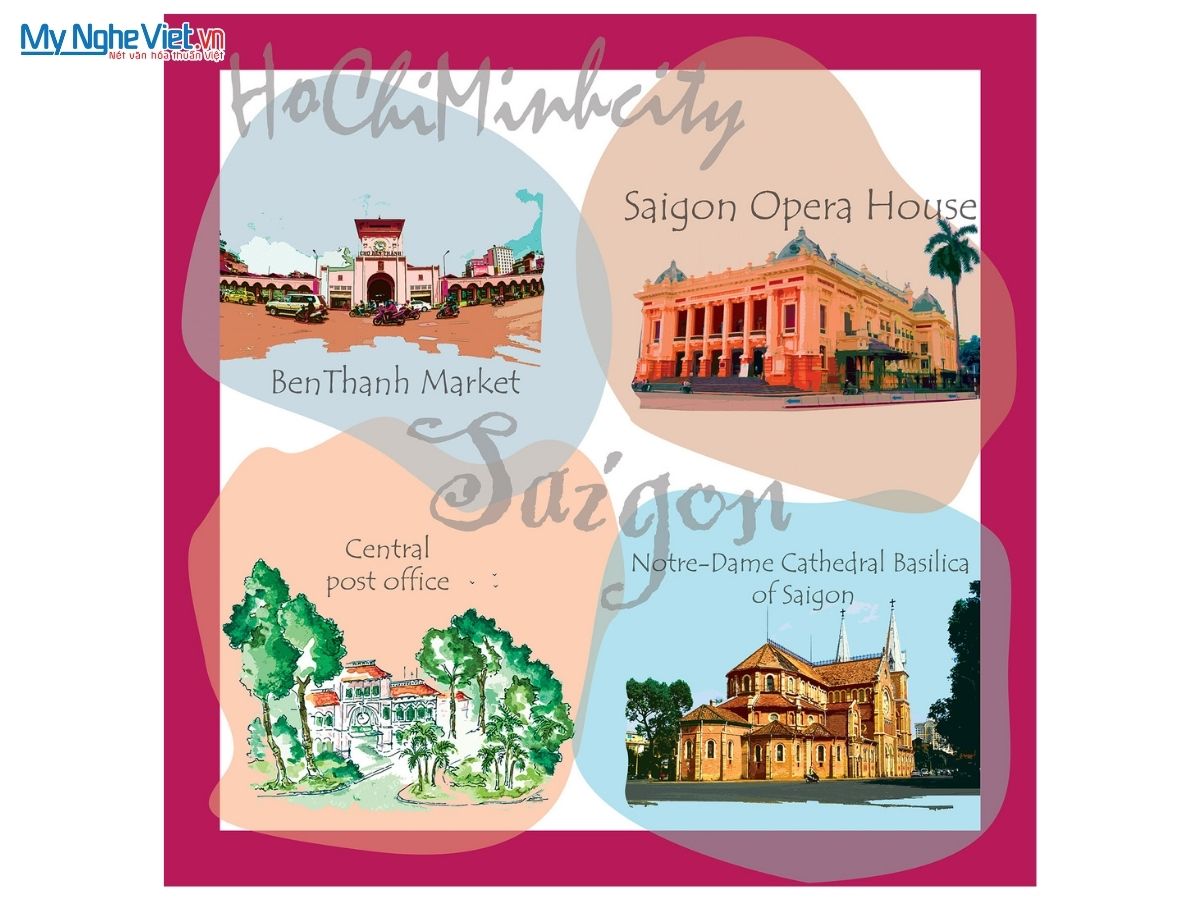 Khăn Lụa Vuông Tơ Tằm Họa Tiết Sài Gòn - Hồ Chí Minh 60x60cm KLPM66