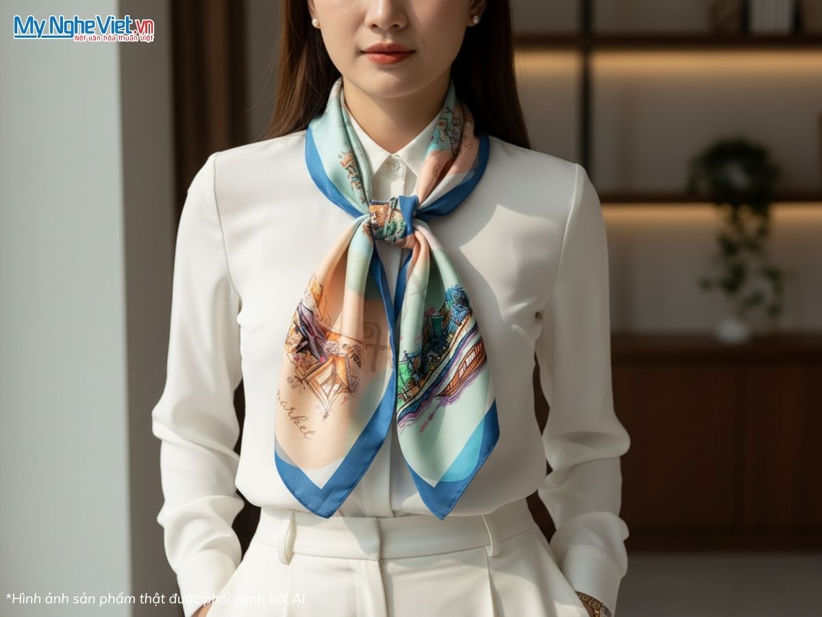 Khăn Lụa Vuông Tơ Tằm Họa Tiết Phong Cảnh Hội An 60x60cm KLPM66