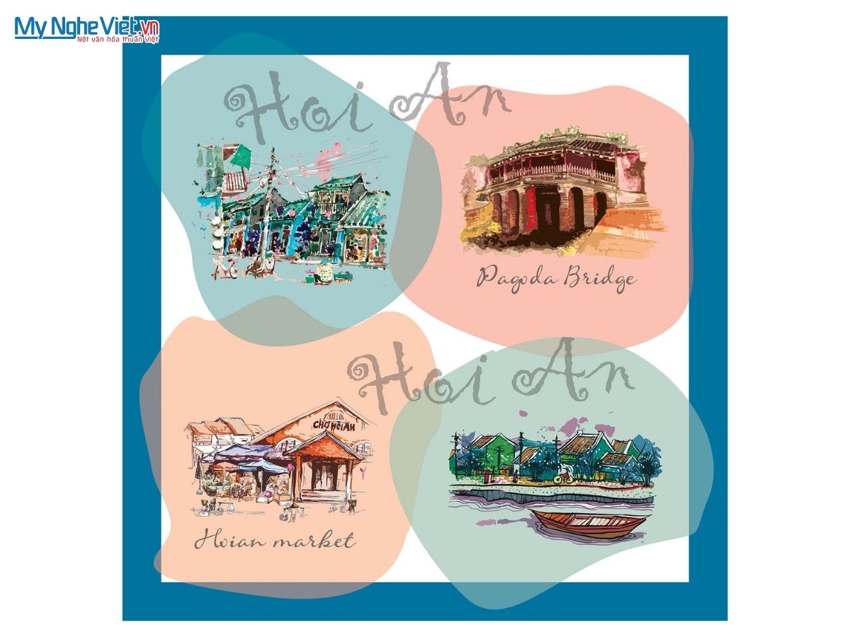 Khăn Lụa Vuông Tơ Tằm Họa Tiết Phong Cảnh Hội An 60x60cm KLPM66