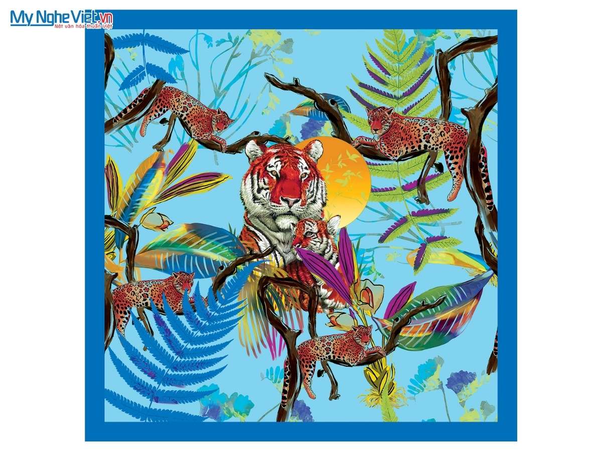 Khăn Lụa Vuông Tơ Tằm Họa Tiết Chúa Tể Rừng Xanh 82x82cm KLPM88-5