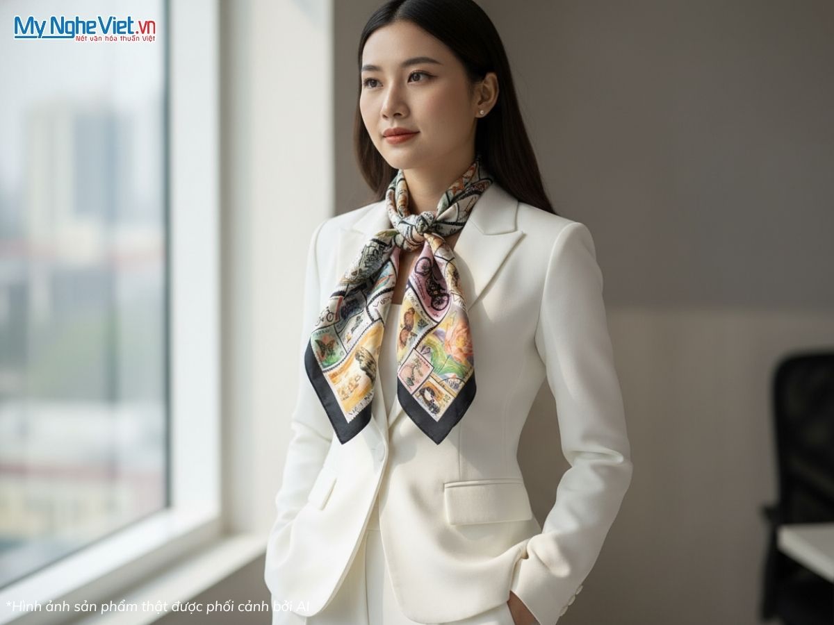 Khăn Lụa Vuông Tơ Tằm Họa Tiết Tem Thư Việt Nam 60x60cm KLPM66