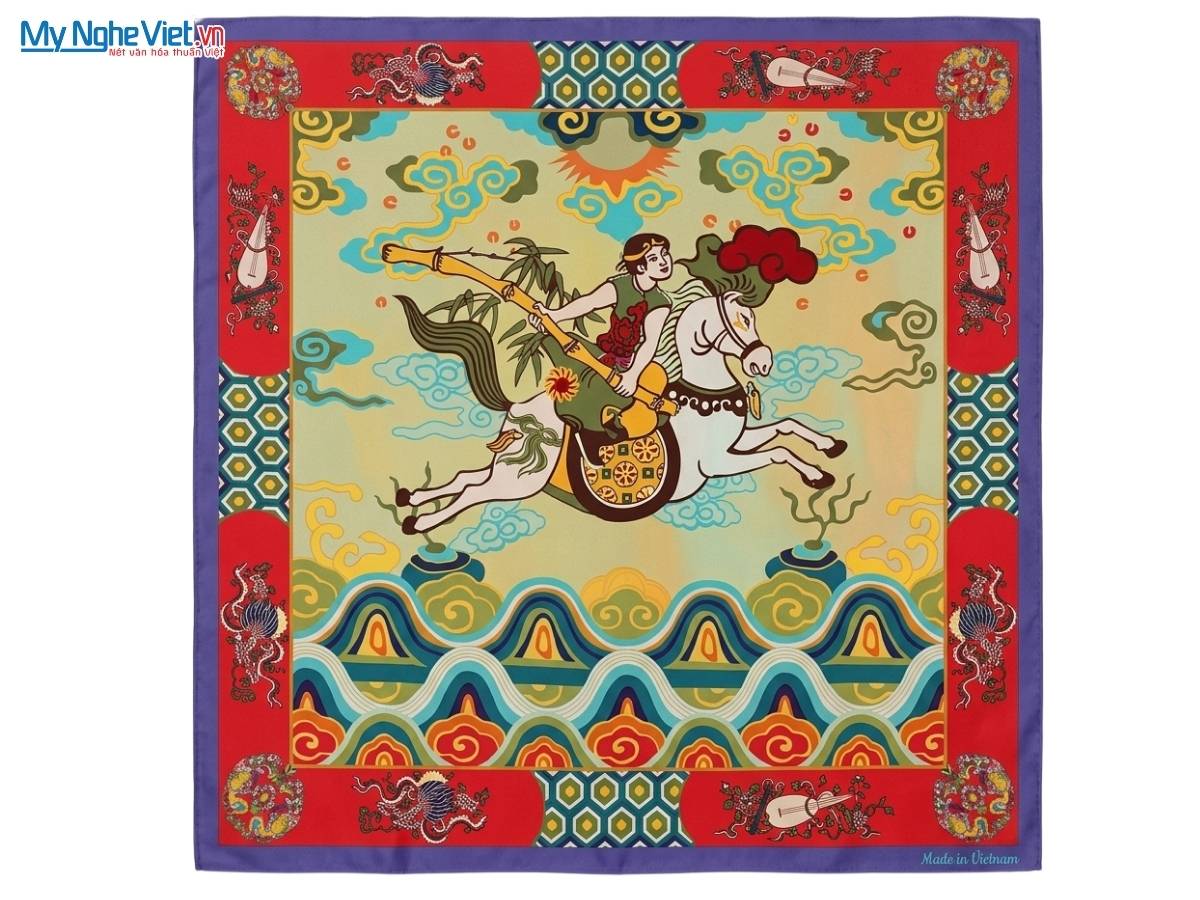 Khăn Lụa Vuông Tơ Tằm Họa Tiết Thánh Gióng 125x125cm MNV-KLPM125-6