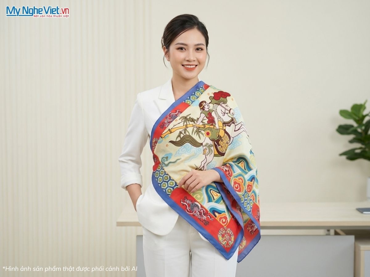 Khăn Lụa Vuông Tơ Tằm Họa Tiết Thánh Gióng 125x125cm MNV-KLPM125-6