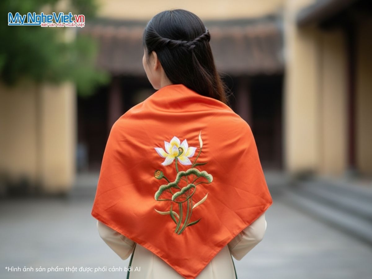 Khăn Lụa Tơ Tằm Thêu Hoa Sen Màu Cam Trơn 90x90cm KLTA9090/16