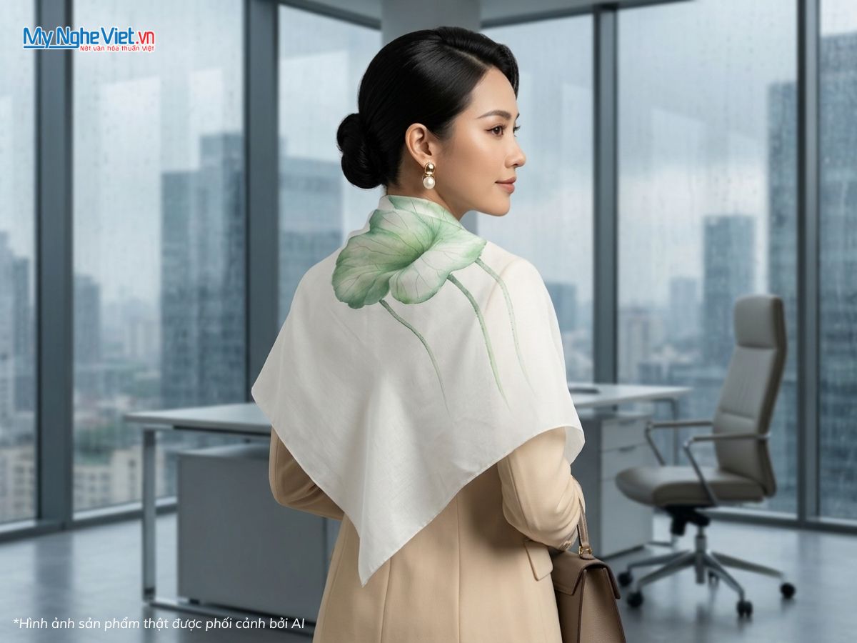 Khăn Lụa Tơ Tằm Vẽ Tay Hoa Sen 87x87cm KLNC88/4