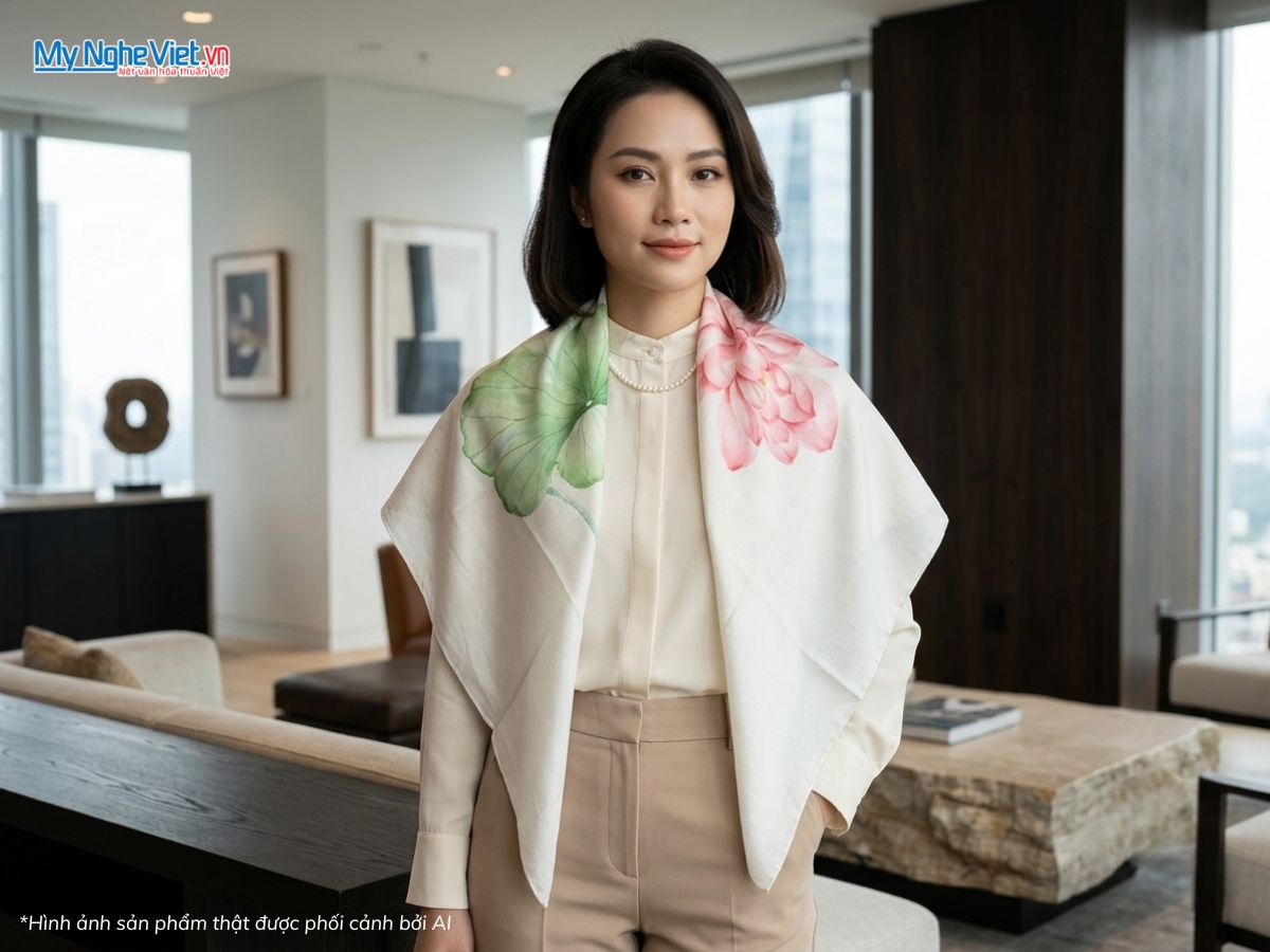 Khăn Lụa Tơ Tằm Vẽ Tay Hoa Sen 87x87cm KLNC88/4