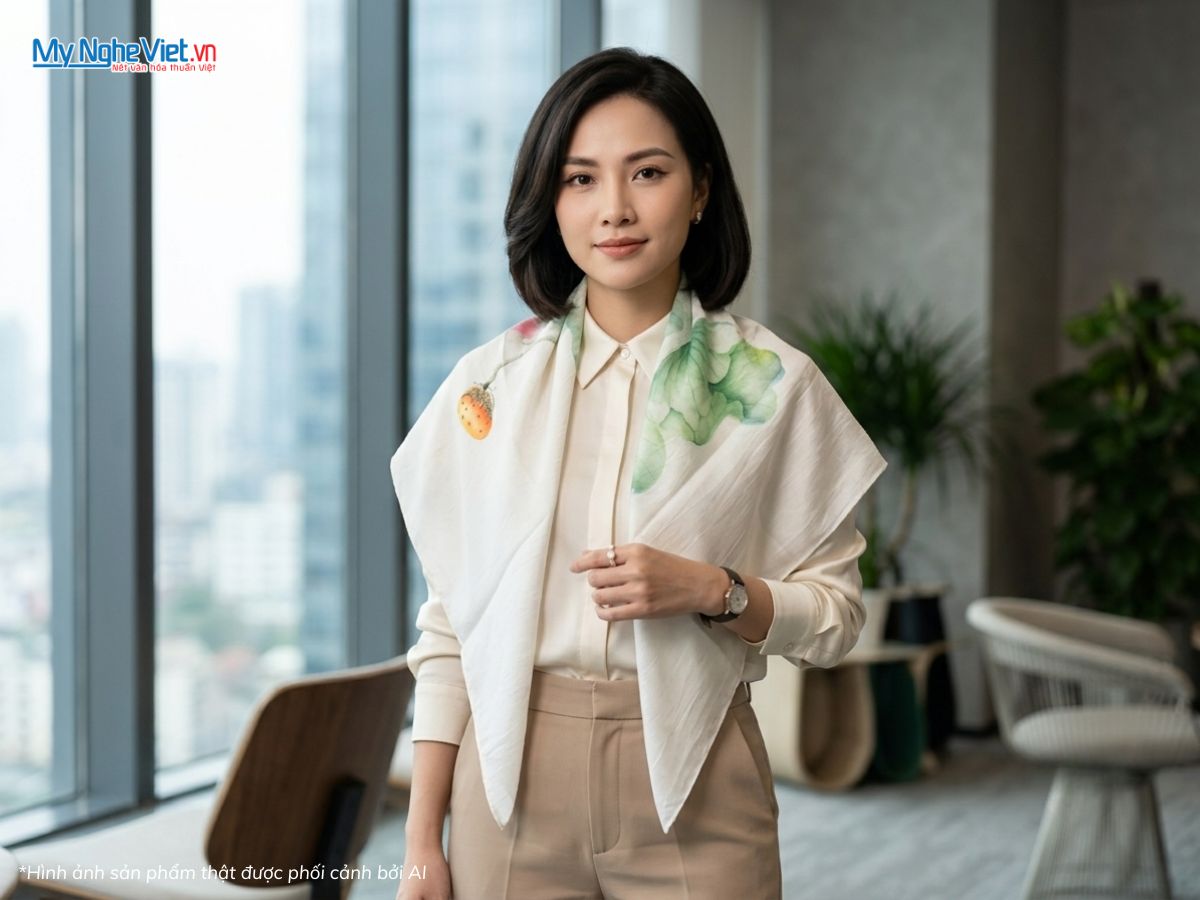 Khăn Lụa Tơ Tằm Vẽ Tay Hoa Sen 87x87cm KLNC88/3