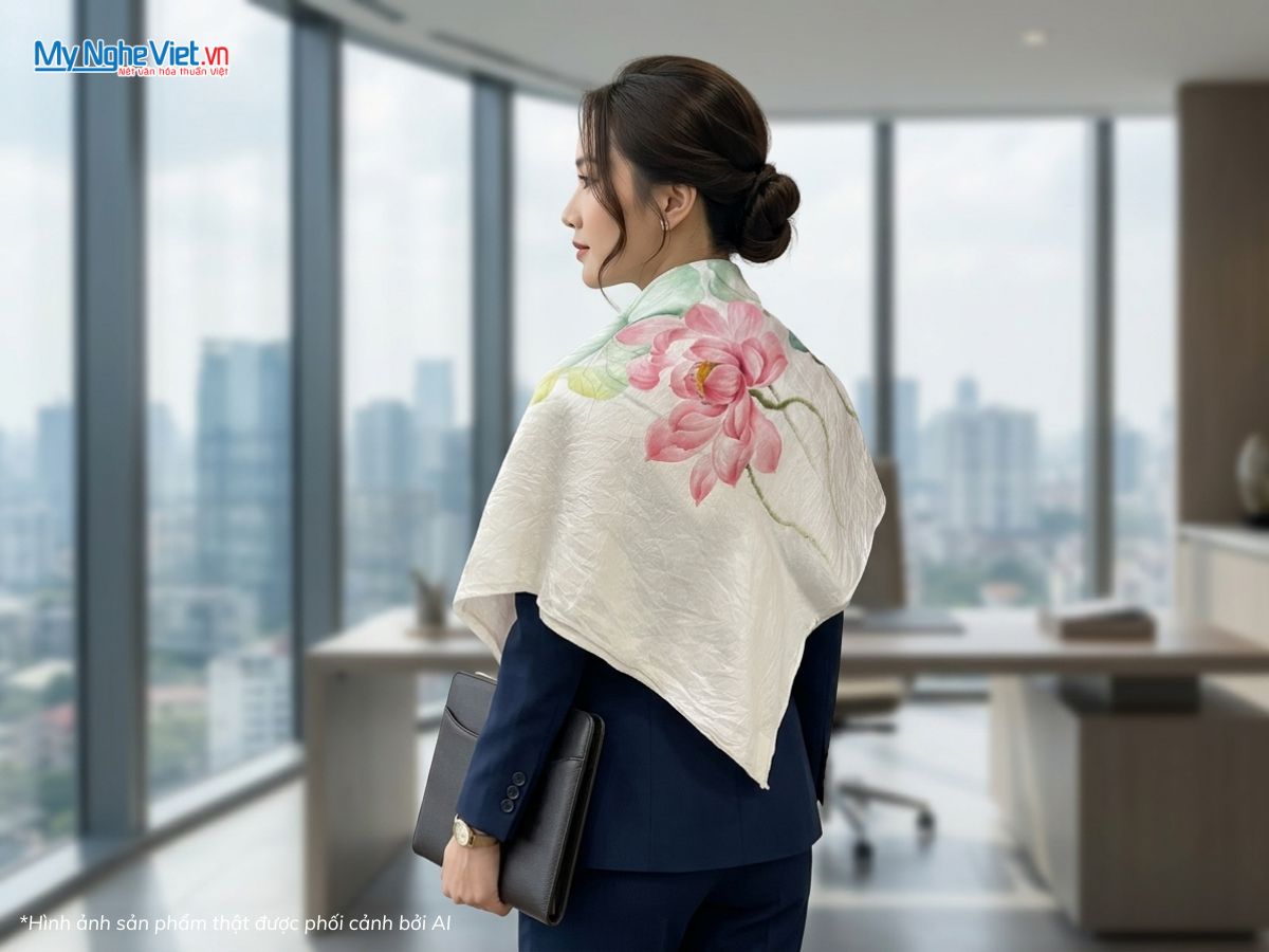 Khăn Lụa Tơ Tằm Vẽ Tay Hoa Sen 87x87cm KLNC88/3