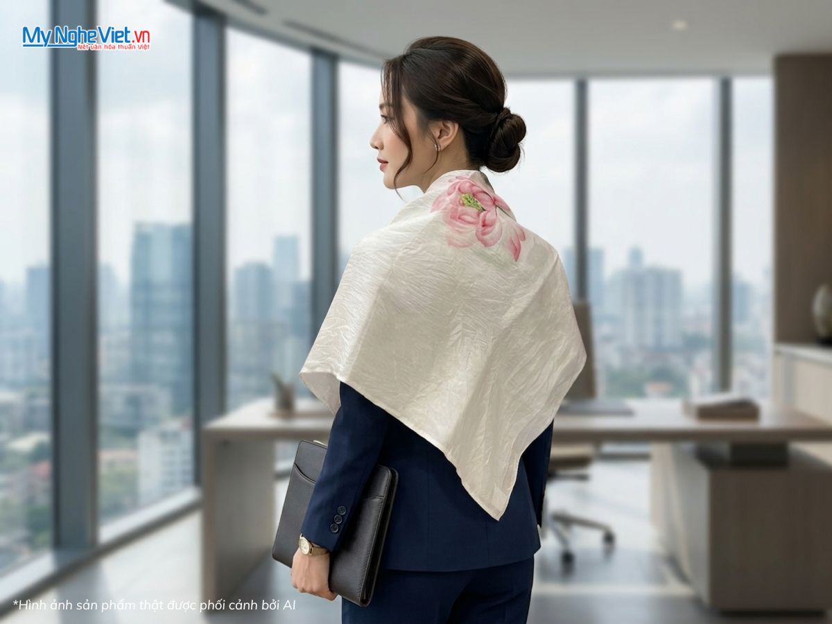 Khăn Lụa Tơ Tằm Vẽ Tay Hoa Sen 87x87cm KLNC88/2