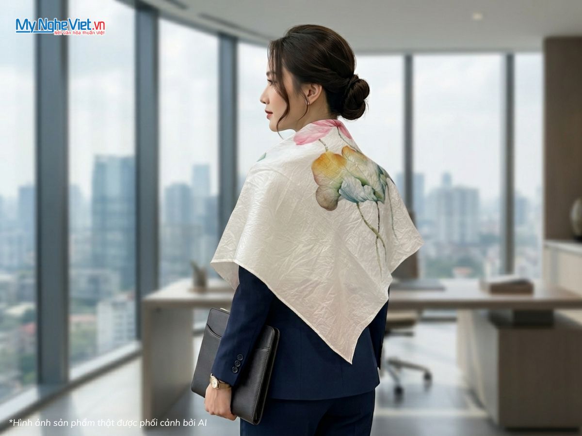 Khăn Lụa Tơ Tằm Vẽ Tay Hoa Sen 87x87cm KLNC88/1