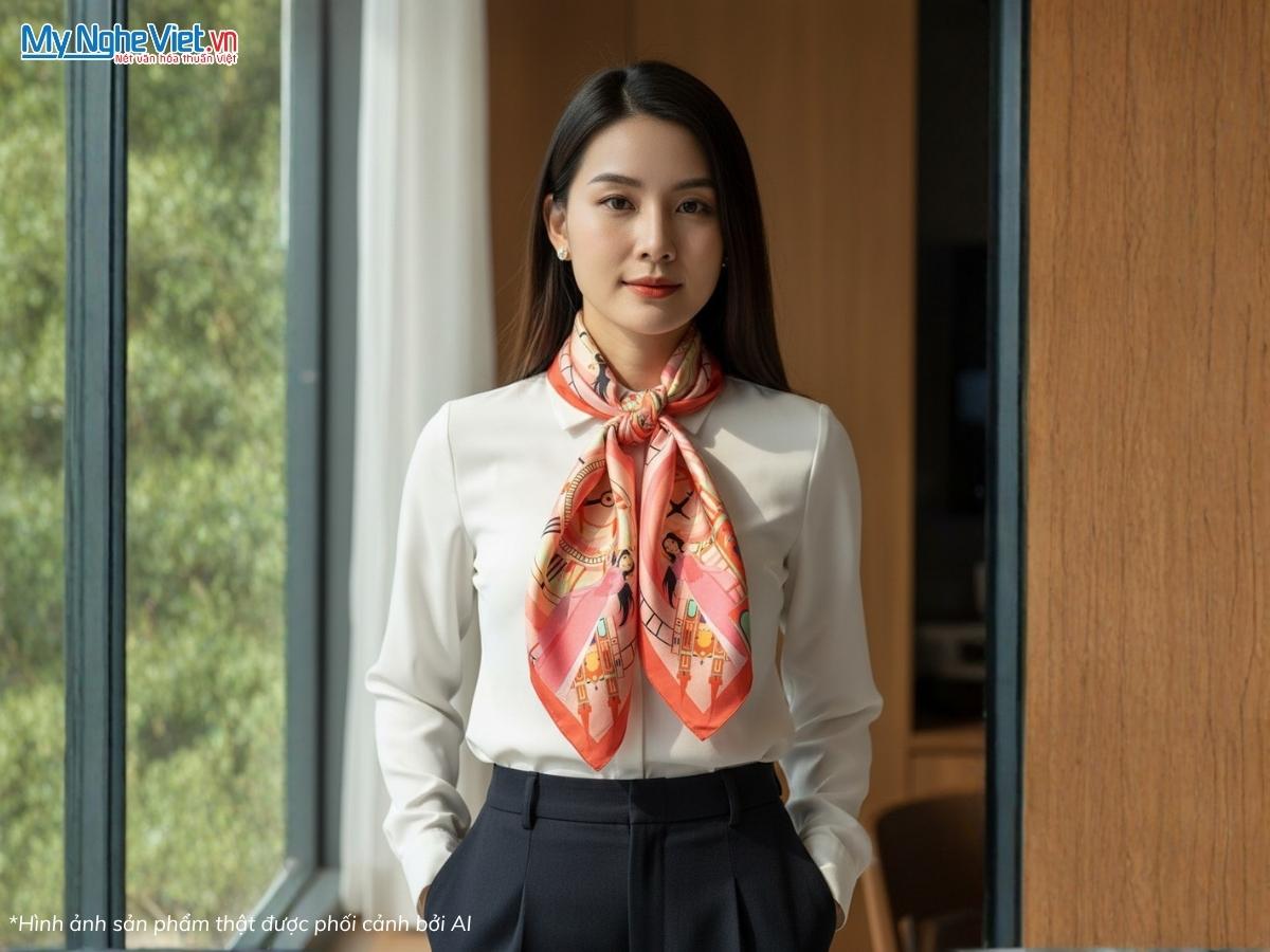 Khăn Lụa Vuông Tơ Tằm Họa Tiết Chợ Bến Thành 60x60cm KLPM66