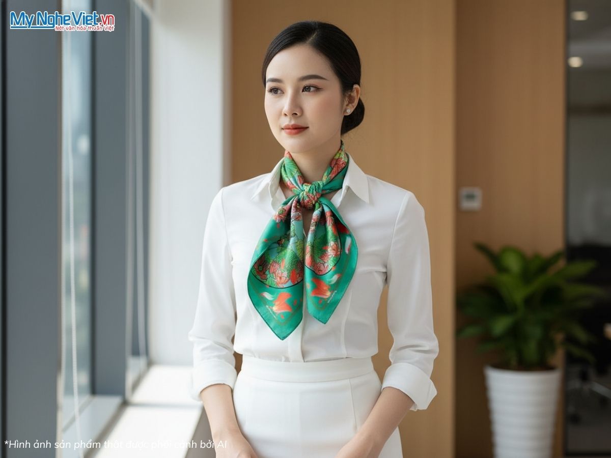Khăn Lụa Vuông Tơ Tằm Họa Tiết Hạc Sen 60x60cm KLPM66