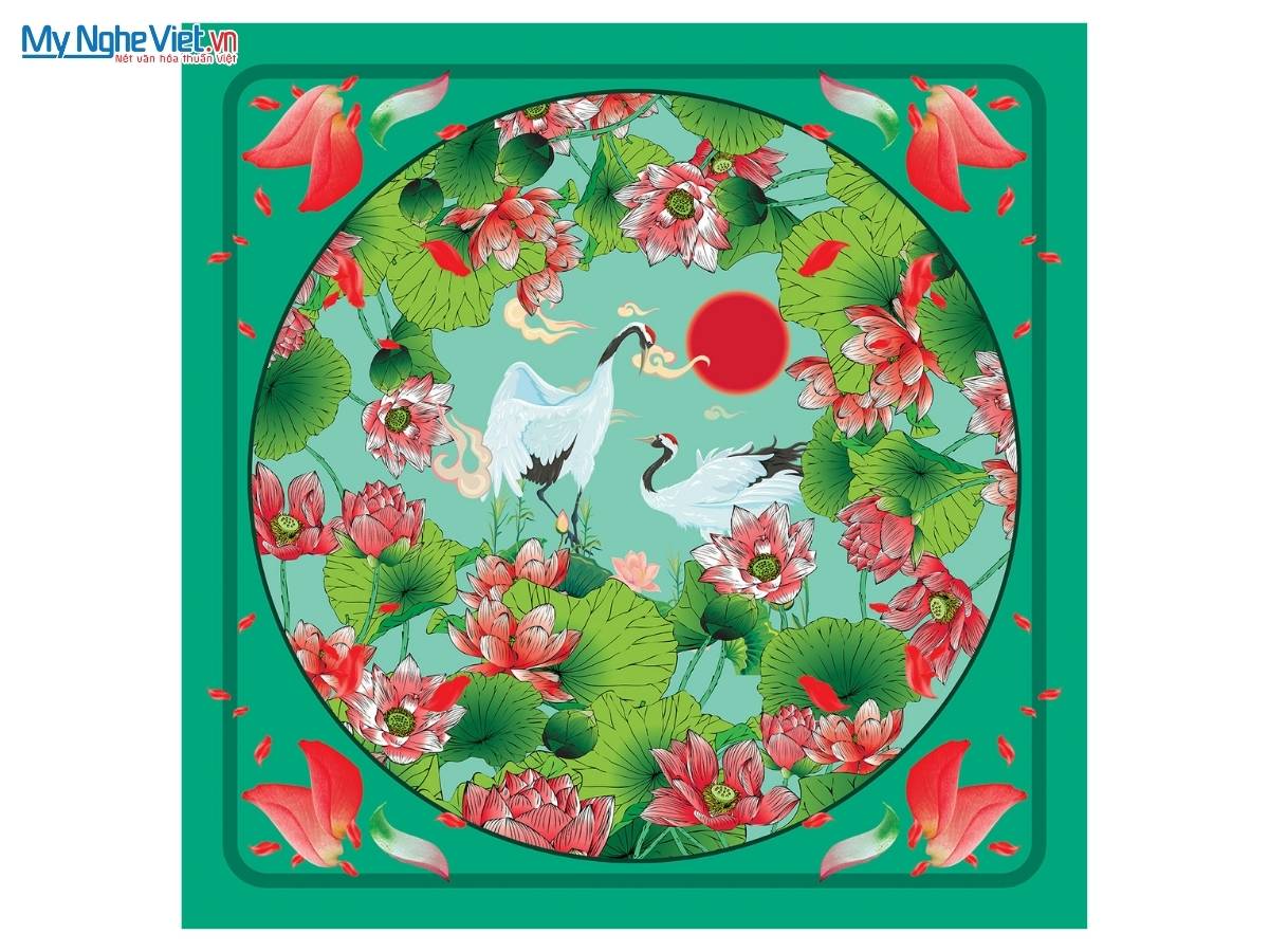 Khăn Lụa Vuông Tơ Tằm Họa Tiết Hạc Sen 60x60cm KLPM66
