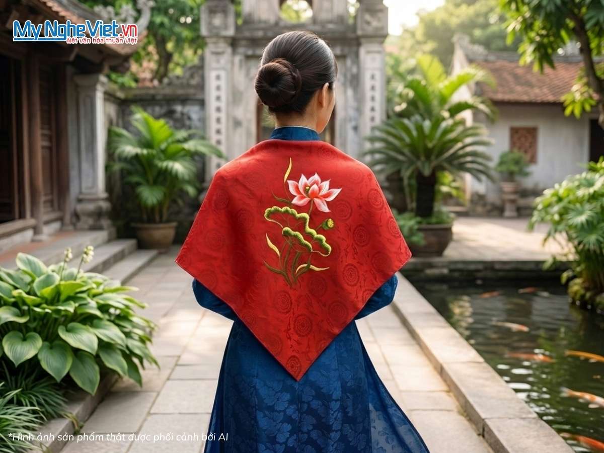 Khăn Lụa Tơ Tằm Thêu Hoa Sen Họa Tiết Trống Đồng 90x90cm KLTA9090/31