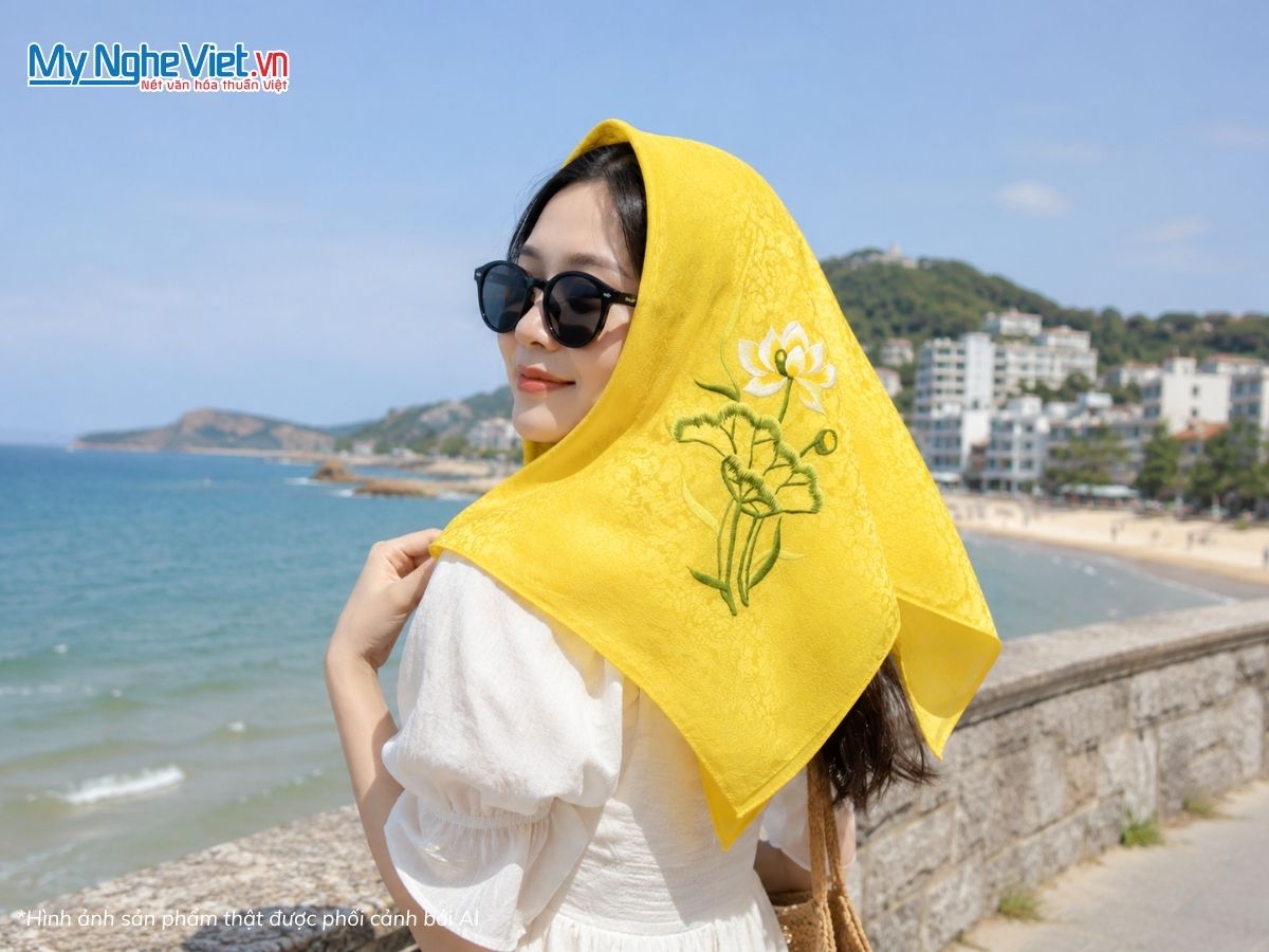 Khăn Lụa Tơ Tằm Thêu Hoa Sen Họa Tiết Hoa Cúc 90x90cm KLTA9090/23