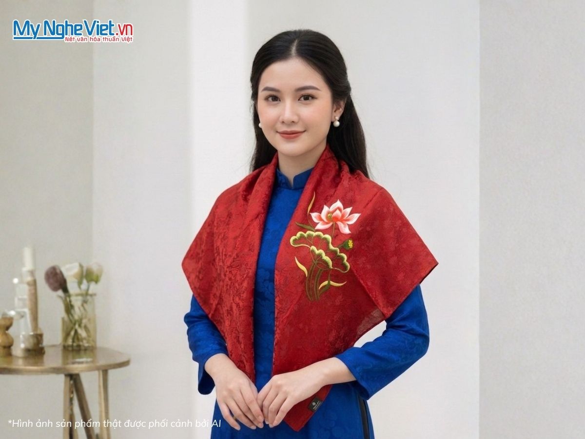 Khăn Lụa Tơ Tằm Thêu Hoa Sen Họa Tiết Sen Dây 90x90cm KLTA9090/20