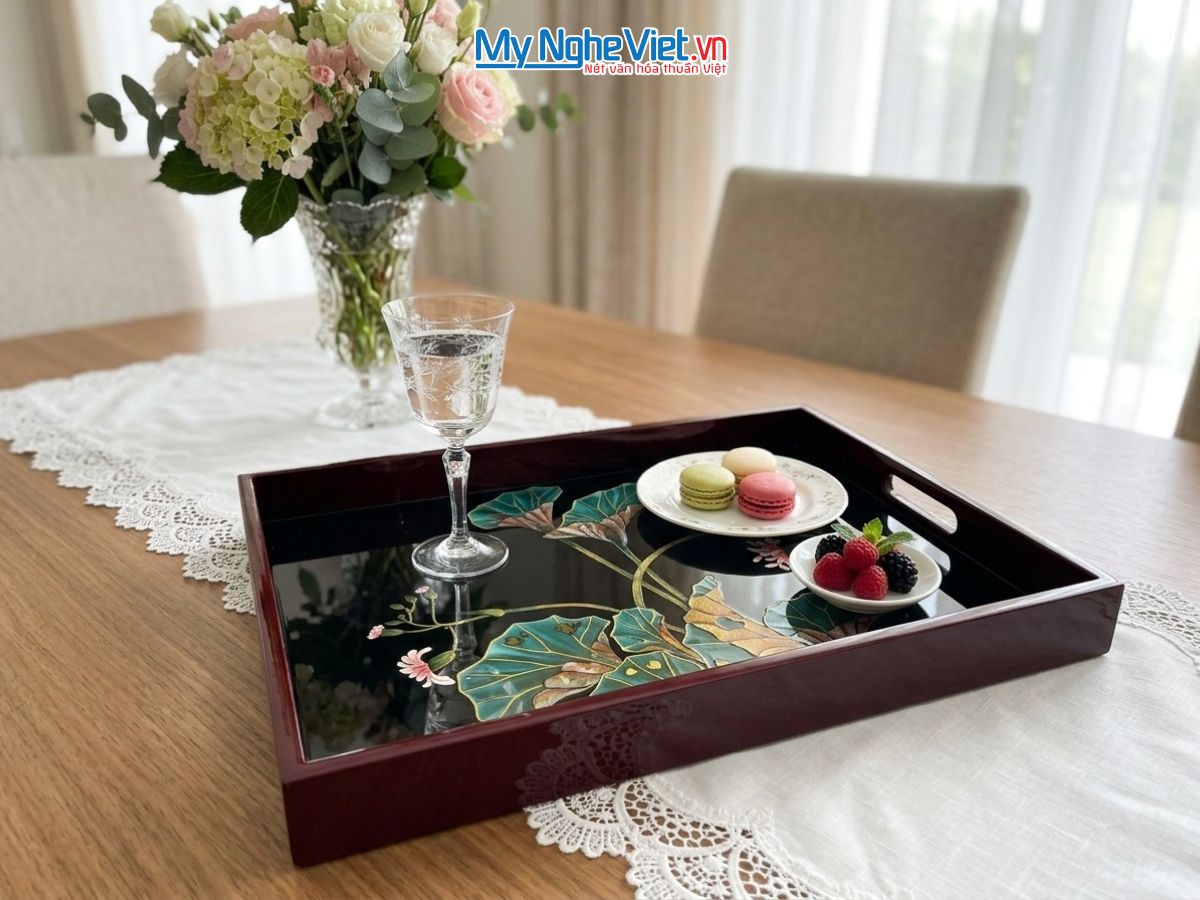 Khay Sơn Mài Vẽ Hoa Lá Đua Sắc Cao Cấp KSMHD34.4
