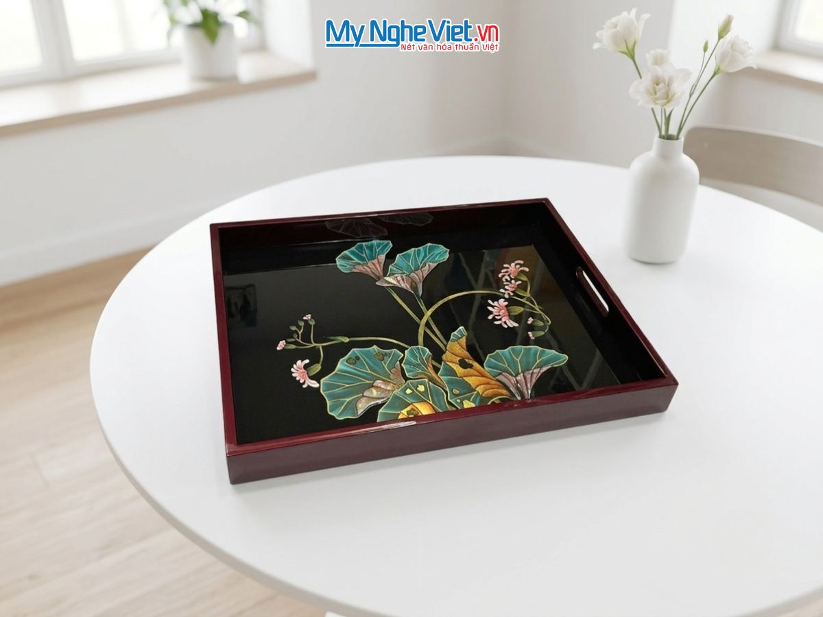 Khay Sơn Mài Vẽ Hoa Lá Đua Sắc Cao Cấp KSMHD34.4